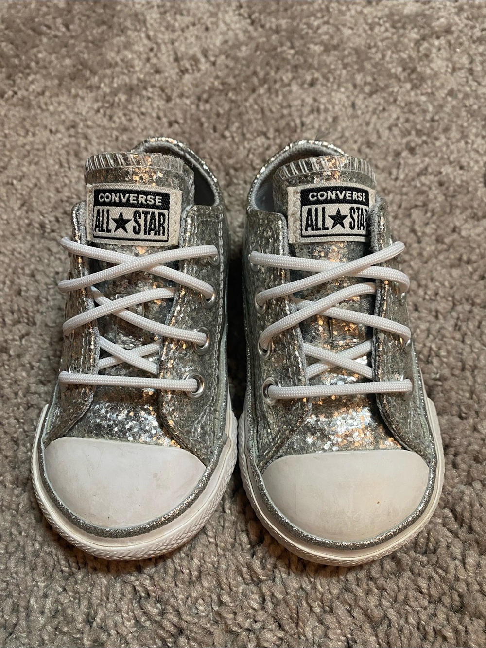 Converse All Star Kids Silver Glitter Low-Top Trainer Sneakers size 4